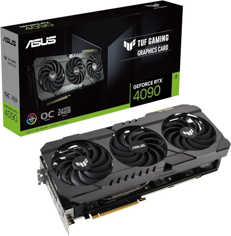 Gaming GeForce RTX 4090 graphics card showcasing its sleek design and powerful cooling system, ideal for high-performance gaming and real-time ray tracing.